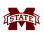 A maroon and white state logo on top of a black background.